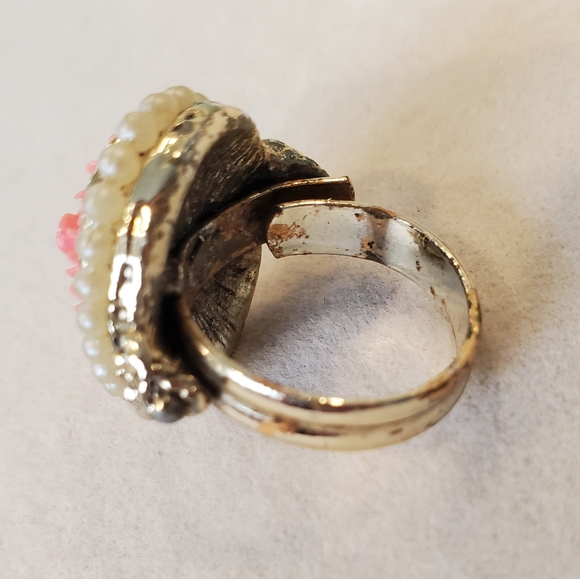Elegant Carved Pink Coral Rose Ring w/ Pearl Accents in Ornate Goldtone Setting - Picture 6 of 8